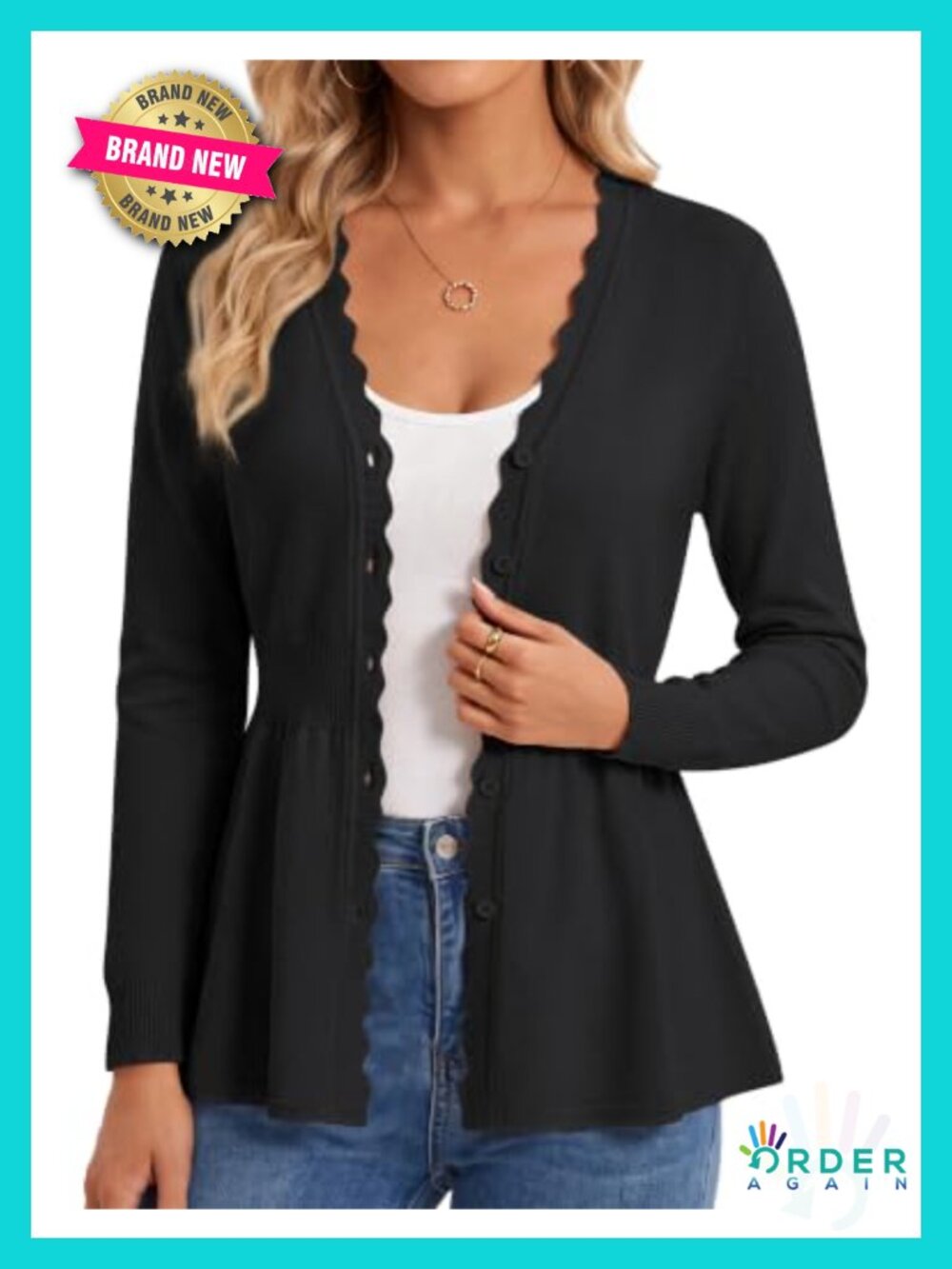 Lightweight V-Neck Scalloped Button Up Peplum Cardigan Sweater